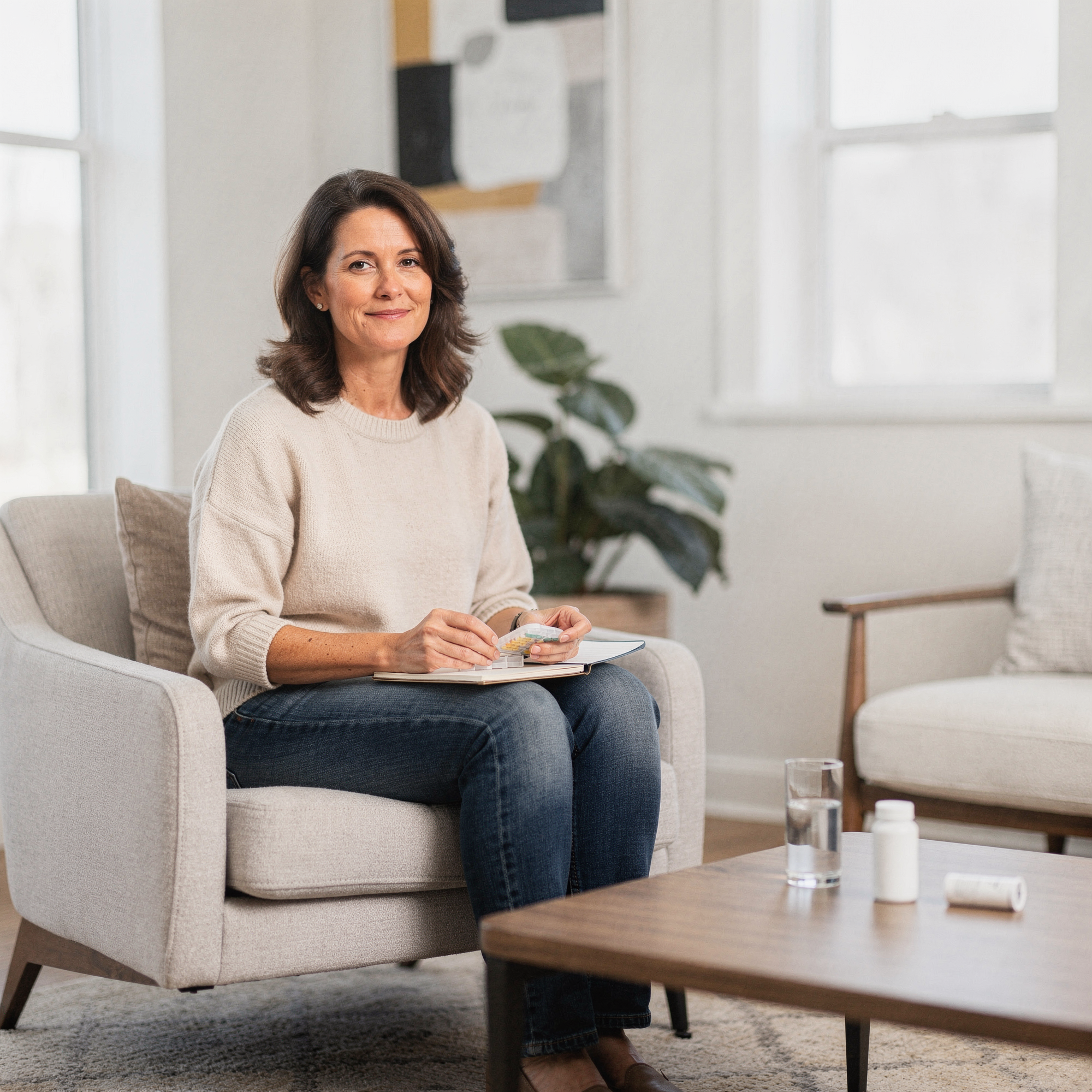 Woman sitting in a bright living room holding medication bottles and a tablet
